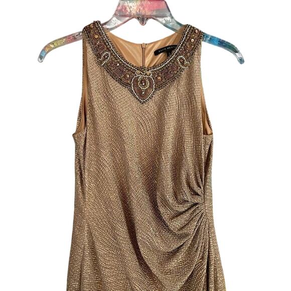 David Meister Gold Beaded Sheath Dress Sleeveless Size 2